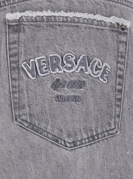 Grey Washed Jeans with High Waist and Logo Patch in Denim Man