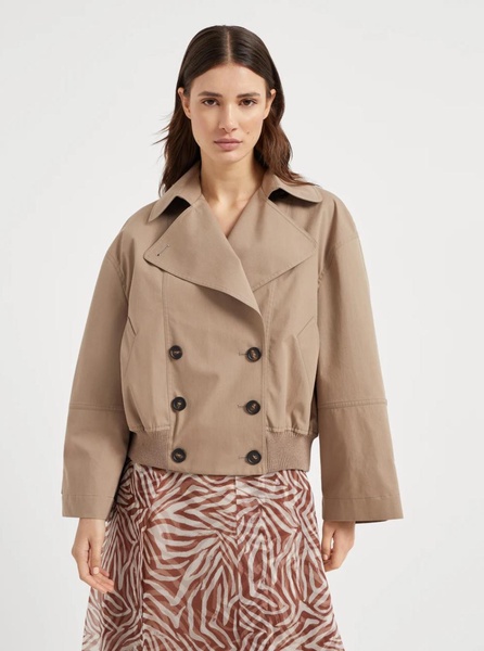 Brown Double-Breasted Crop Jacket with Windbreak Flap and Classic Wide Lapels in Cotton Blend Woman