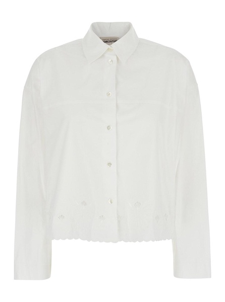 White Shirt with Lace Embroidery and Classic Collar in Cotton Woman