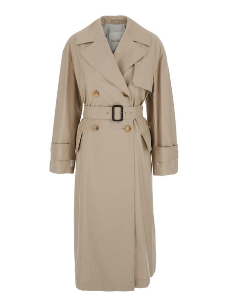 Beige Double-Breasted Trench Coat with Waist Belt in Cotton Blend Woman