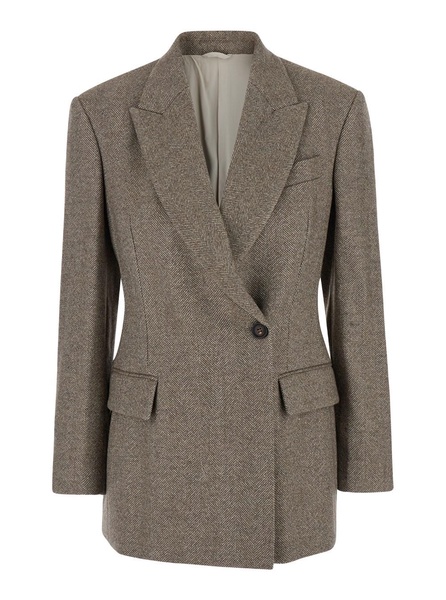 Brown Single-Breasted Jacket with Peak Revers in Wool Blend Stretch Woman