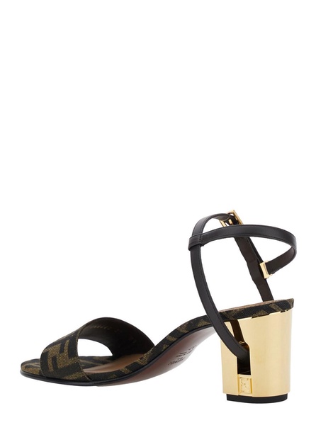 'Delfina' Brown Sandals with All-Over FF Motif and Block Heel in Leather and Fabric Woman