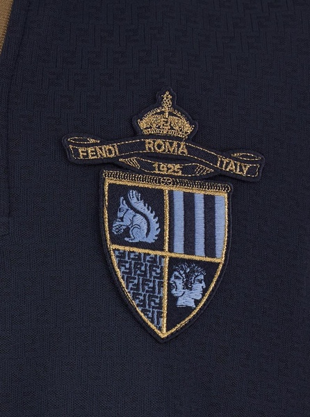 Blue Polo with All-Over Tone-on-Tone FF Motif and Fendi Club Patch on the Front in Tech Fabric Man