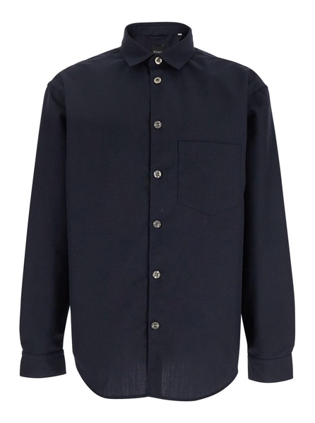 Blue Shirt with Classic Collar in Virgin Wool Blend Man