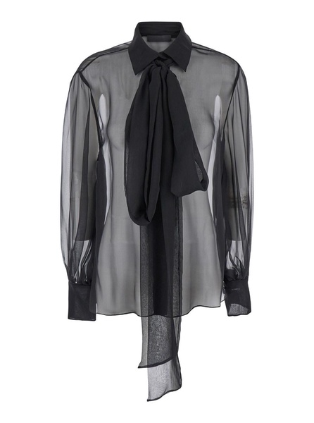 Black Shirt with Classic Collar and Neck Scarf in SIlk Woman