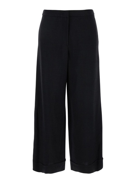 Black Pants with Hidden Front Closure and Turn-Up Edges in Fabric Woman