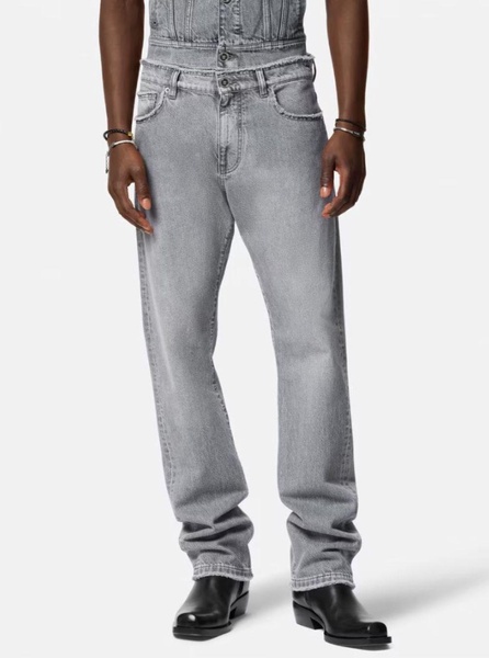 Grey Washed Jeans with High Waist and Logo Patch in Denim Man