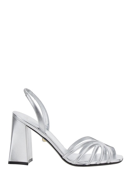 'Tara' Metallic Sandals with Elastic Ankle Strap and Block Heel in Leather Woman