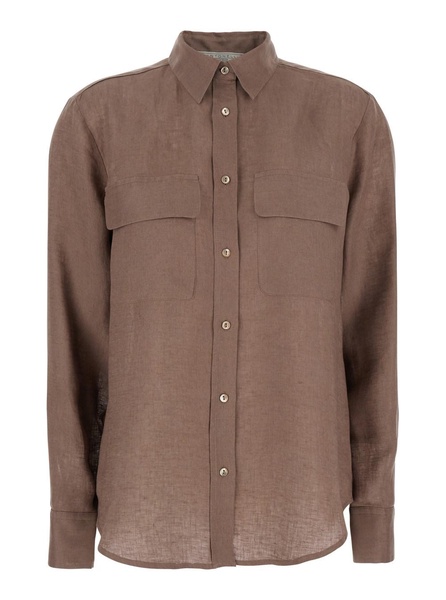 'Clio' Brown Shirt with Classic Collar in Linen Woman