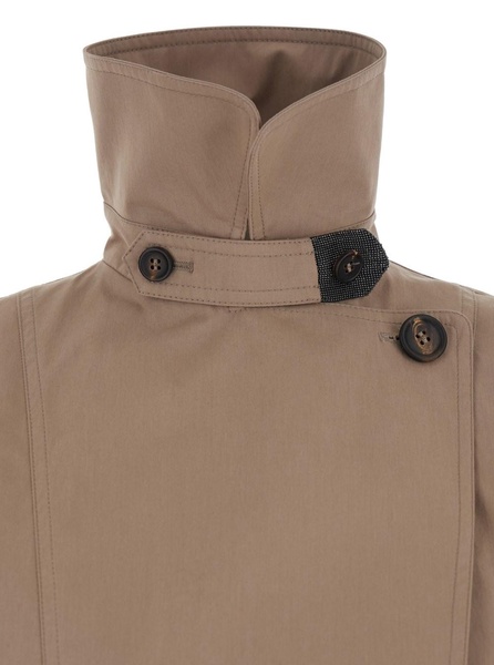 Brown Double-Breasted Crop Jacket with Windbreak Flap and Classic Wide Lapels in Cotton Blend Woman