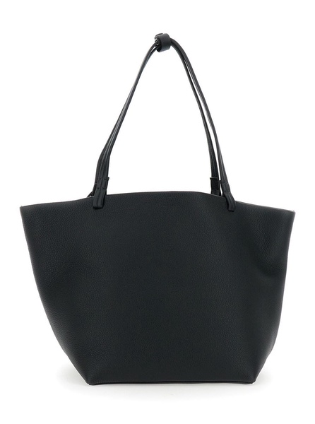 'Park Tote Three' Black Shopper with Flat Handles and Internal Clutch in Hammered Leather Woman