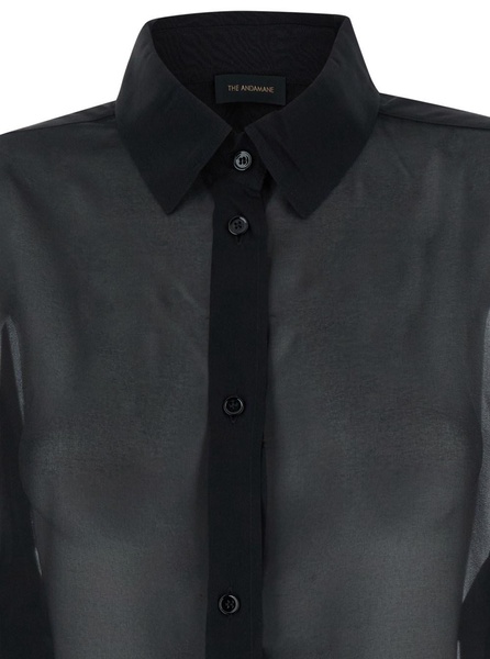 Black Shirt with Buttons in Stretch Silk Woman