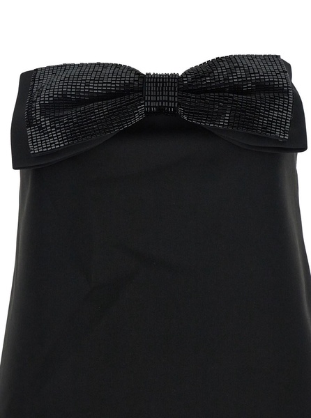 Black Sleeveless Mini Dress with Bandeau and Beaded Oversize Bow in Tech Fabric Woman