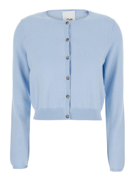 Light Blue Cropped Crewneck Cardigan in Cotton and Cashmere Blend Woman