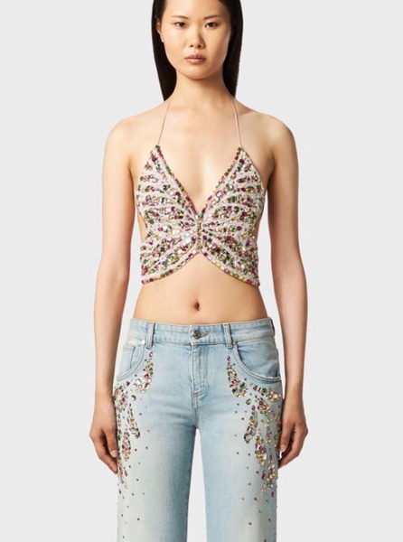 Pink Butterfly Cropped Top with Rhinestones in Viscose Woman