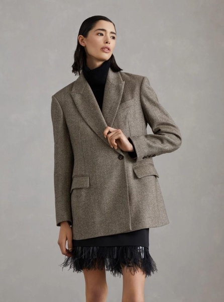Brown Single-Breasted Jacket with Peak Revers in Wool Blend Stretch Woman