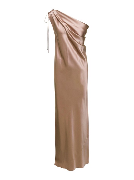 Beige Mono-Shoulder Long Dress in Satin Woman