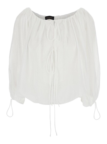 'Wilma' White Top with Long Balloon Sleeves in Cotton Woman