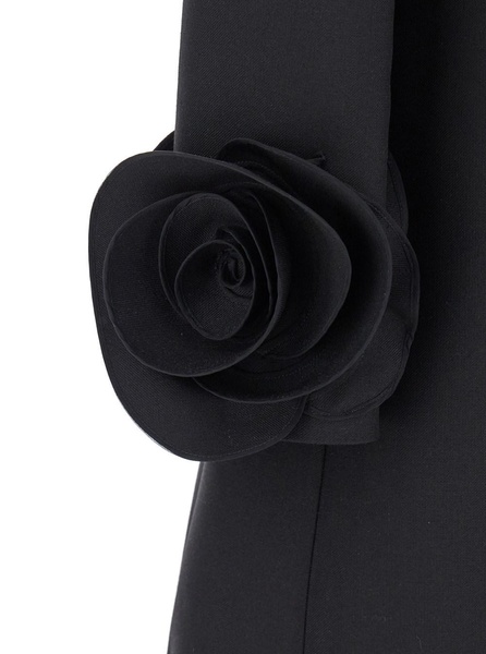 Black Crewneck Short Dress with Floral Detail in Wool Woman