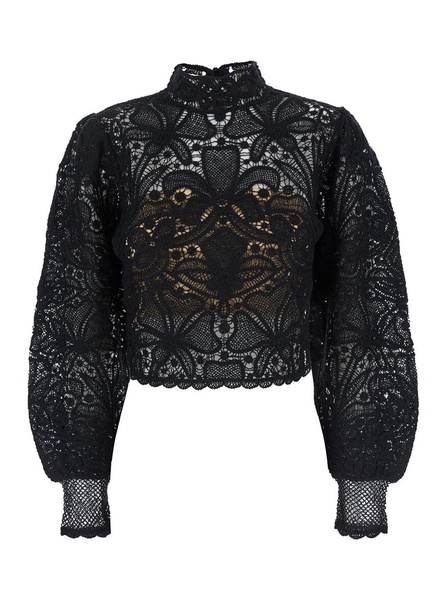 Black Crop Top with Floral Design in Viscose Blend Woman