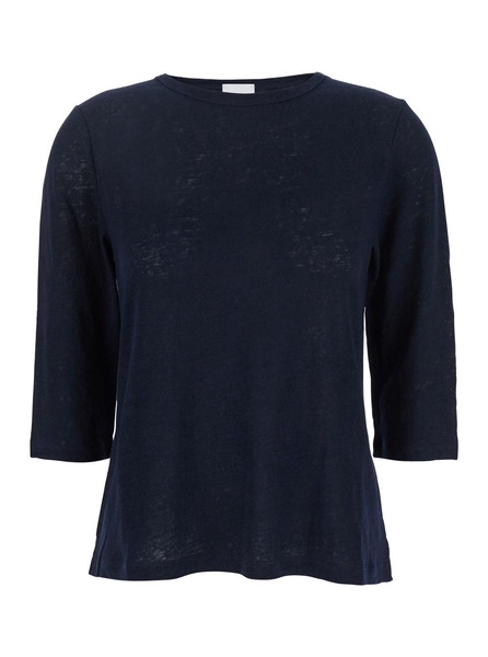 Blue T-Shirt with Boat Neckline and Long Sleeves in Linen Woman