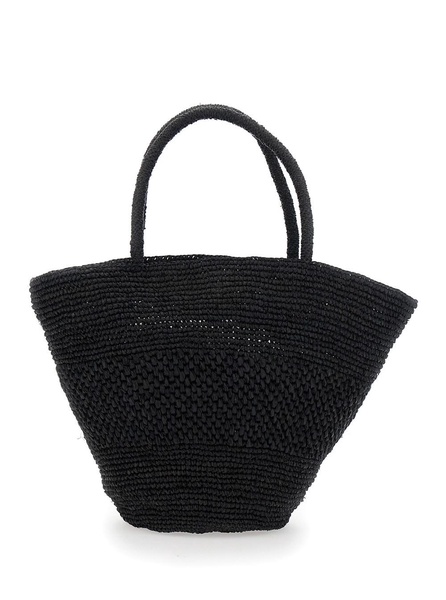 'Emilie' Black Tote Bag with Two Top Handles and Interwoven Design in Raphia Woman