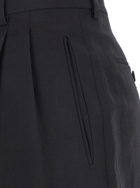 'Lilas' Black Pants with Belt Loops and Pences in Wool and Linen Blend Woman