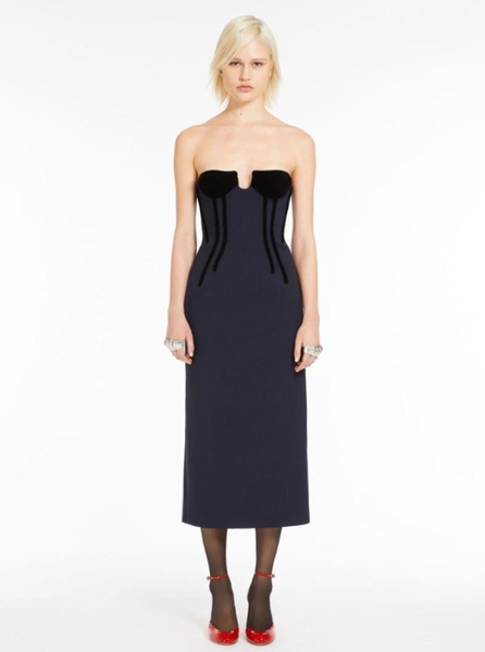 'Anemone' Blue Midi Dress with Bustier-style Neckline and Rear Slit in Wool Blend Stretch Woman