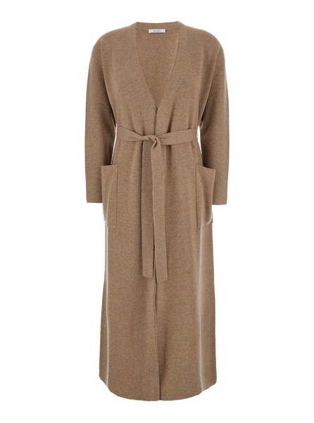 'Gestro' Beige Long Cardigan with Belt in Wool and Cashmere Woman