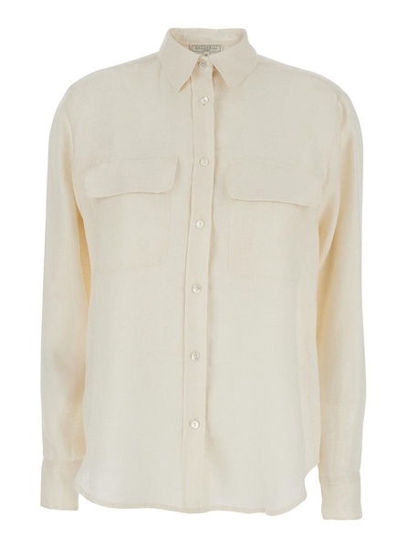 'Clio' Beige Shirt with Classic Collar in Linen Woman