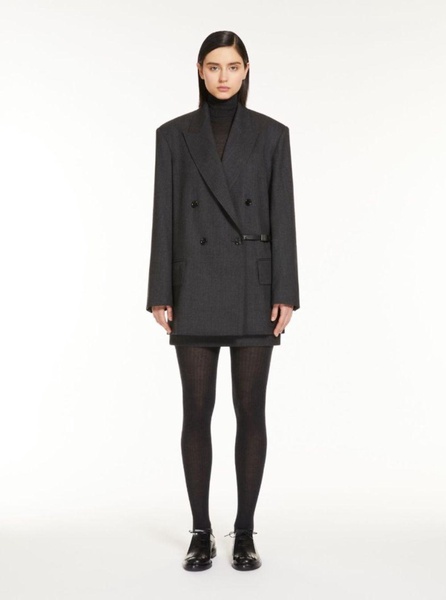 'Latino' Grey Double-Breasted Jacket with Peak Revers and Waist Belt in Virgin Wool Woman