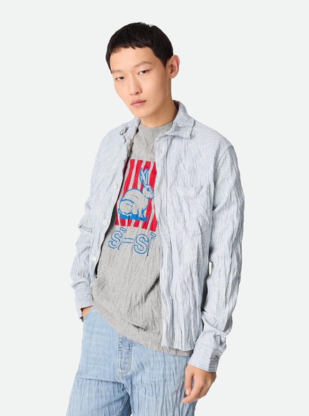 Light Blue Shirt with All-Over Striped Motif and Crinkled Effect in Cotton Man