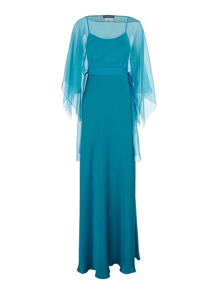 Blue Long Dress with Layered Design and Upper Cape in Silk Blend Woman