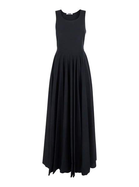 Black Long Sleeveless Dress with Draped Details in Cotton Woman