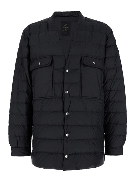 Black Down Jacket with Logo Patch on the Sleeve and Snap Buttons in Tech Fabric Man