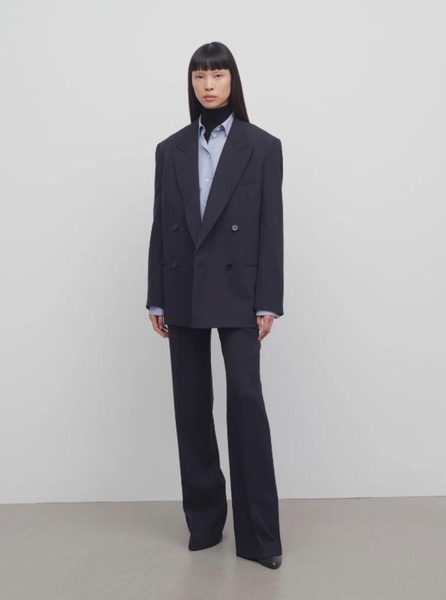 'Encore' Blue Pants with Front and Rear Pences in Wool Woman