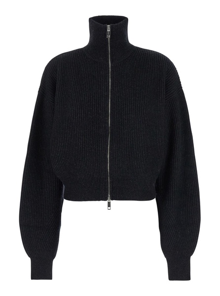 "Svago" Black Cropped Sweater with Turtleneck and Zip in Wool Mix Woman