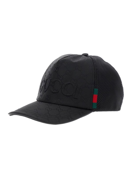 Black Baseball Cap with Logo Lettering on the Front and Web Detail on the Side in GG Canvas Woman