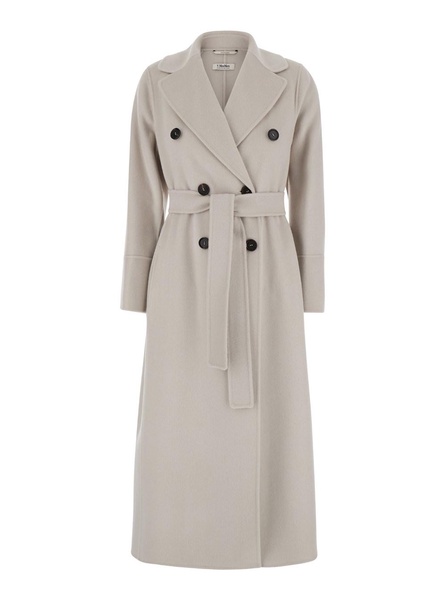 'Picasso' White Double-Breasted Coat with Wide Notched Revers and Belt in Wool Woman