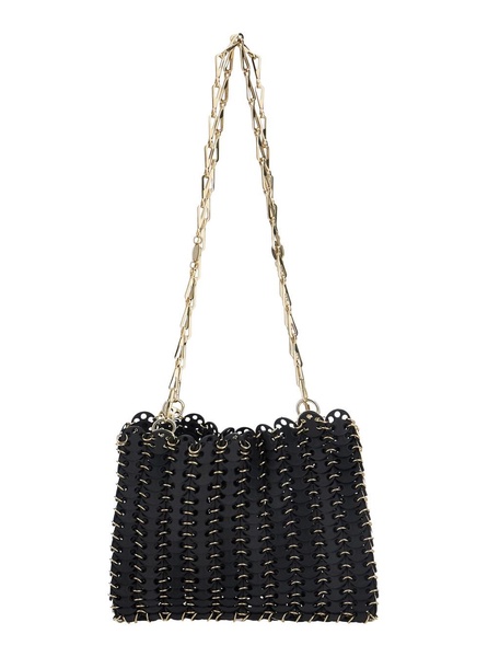 Black Shoulder Bag with Two Chain-Link Shoulder Straps and Logo Engraved Discs in Leather Woman