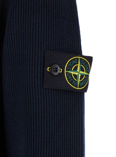Blue Cardigan with Removable Compass Logo Applied on the Sleeve in Ribbed Cotton Man