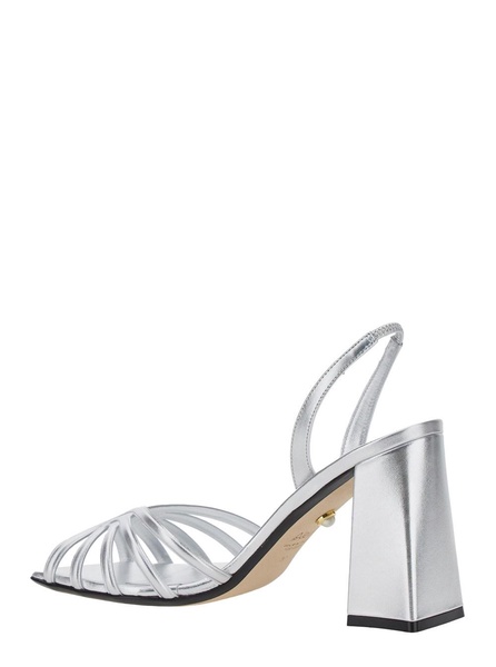 'Tara' Metallic Sandals with Elastic Ankle Strap and Block Heel in Leather Woman