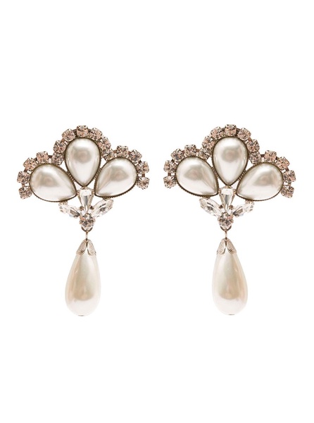 Silver-Colored Clip-On Crystal Earrings with Pendant Pearl in Hypoallergenic Brass Woman