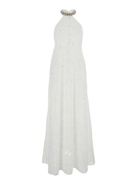 'Isabel' White Long Dress with Halterneck and All-Over Embroidery in Cotton Woman