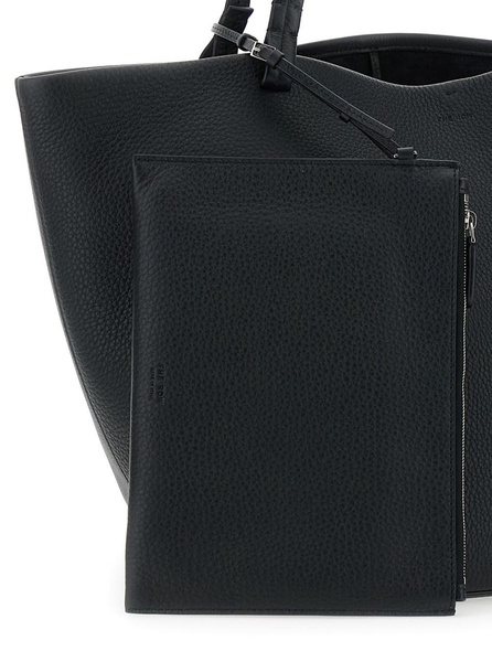 'Park Tote Three' Black Shopper with Flat Handles and Internal Clutch in Hammered Leather Woman