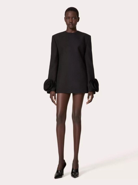 Black Crewneck Short Dress with Floral Detail in Wool Woman