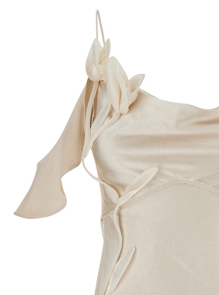 Beige Off-Shoulder Mini Dress with Ruched Details in Tech Fabric Woman