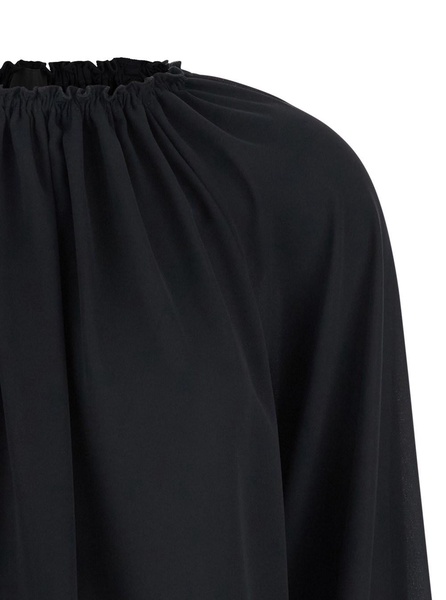 Black Top with Dropped Shoulders and Curlsin Fabric Woman