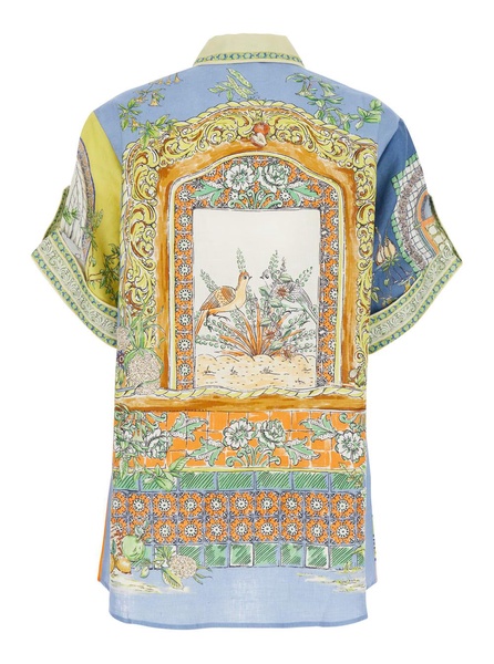 'monte' Multicolor Shirt With Color Block Inserts And Graphic Print In Linen Woman