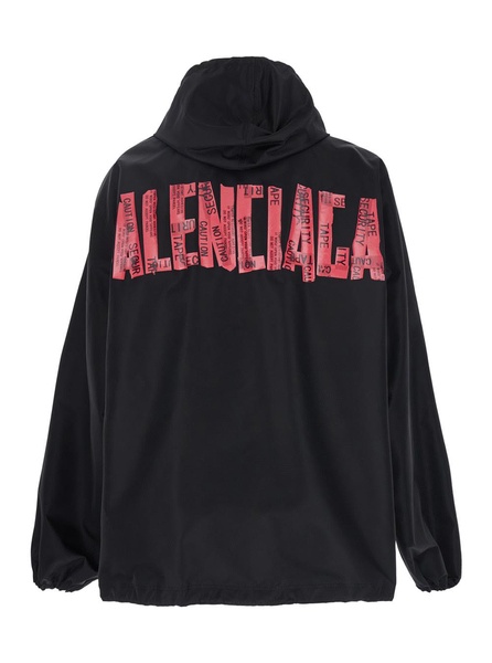 Balenciaga Black Jacket With Drawstring Hood And Maxi Logo Lettering Print On The Rear In Tech Fabric Man